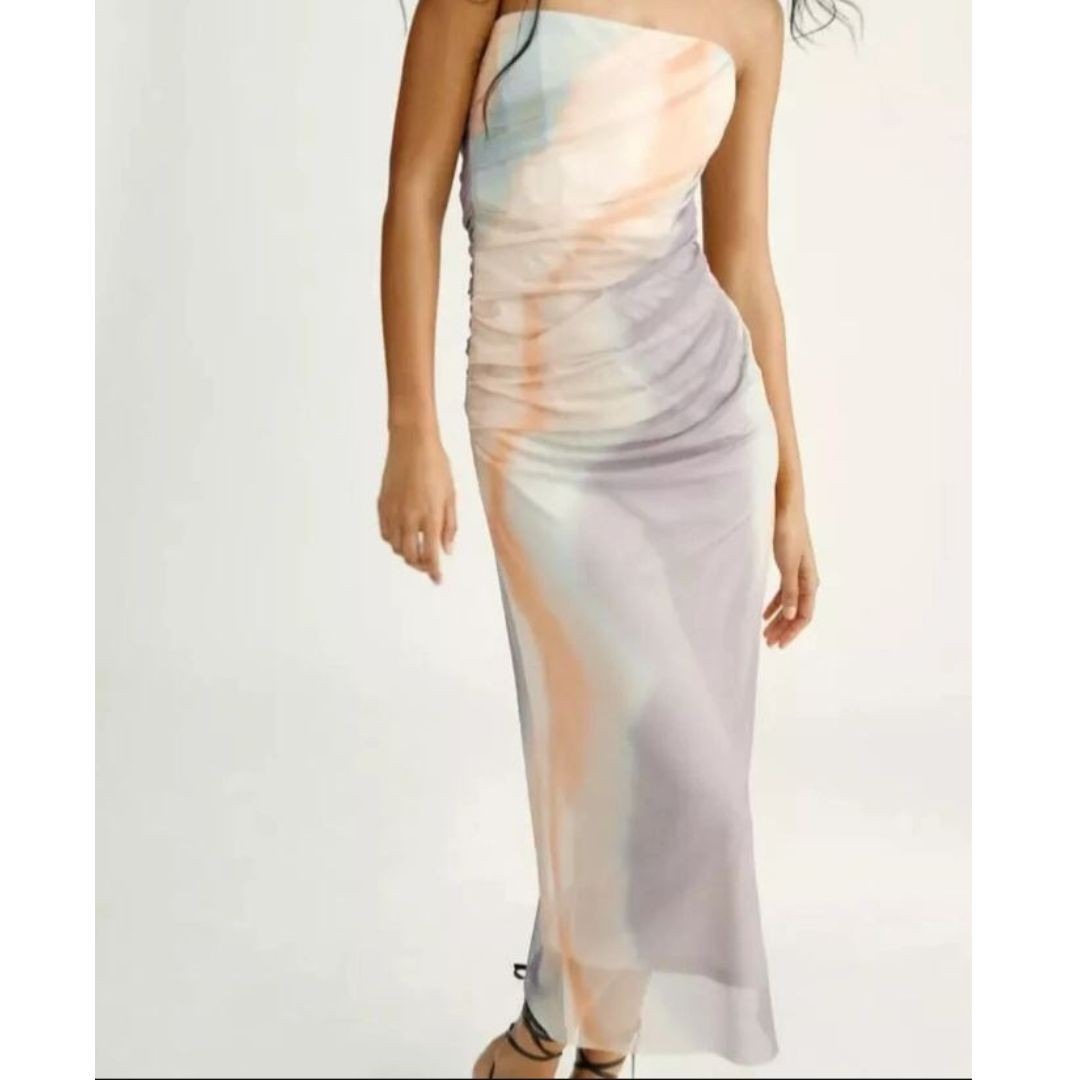 Zara Strapless Midi Dress In Pastel Blue, Peach And Lavender
